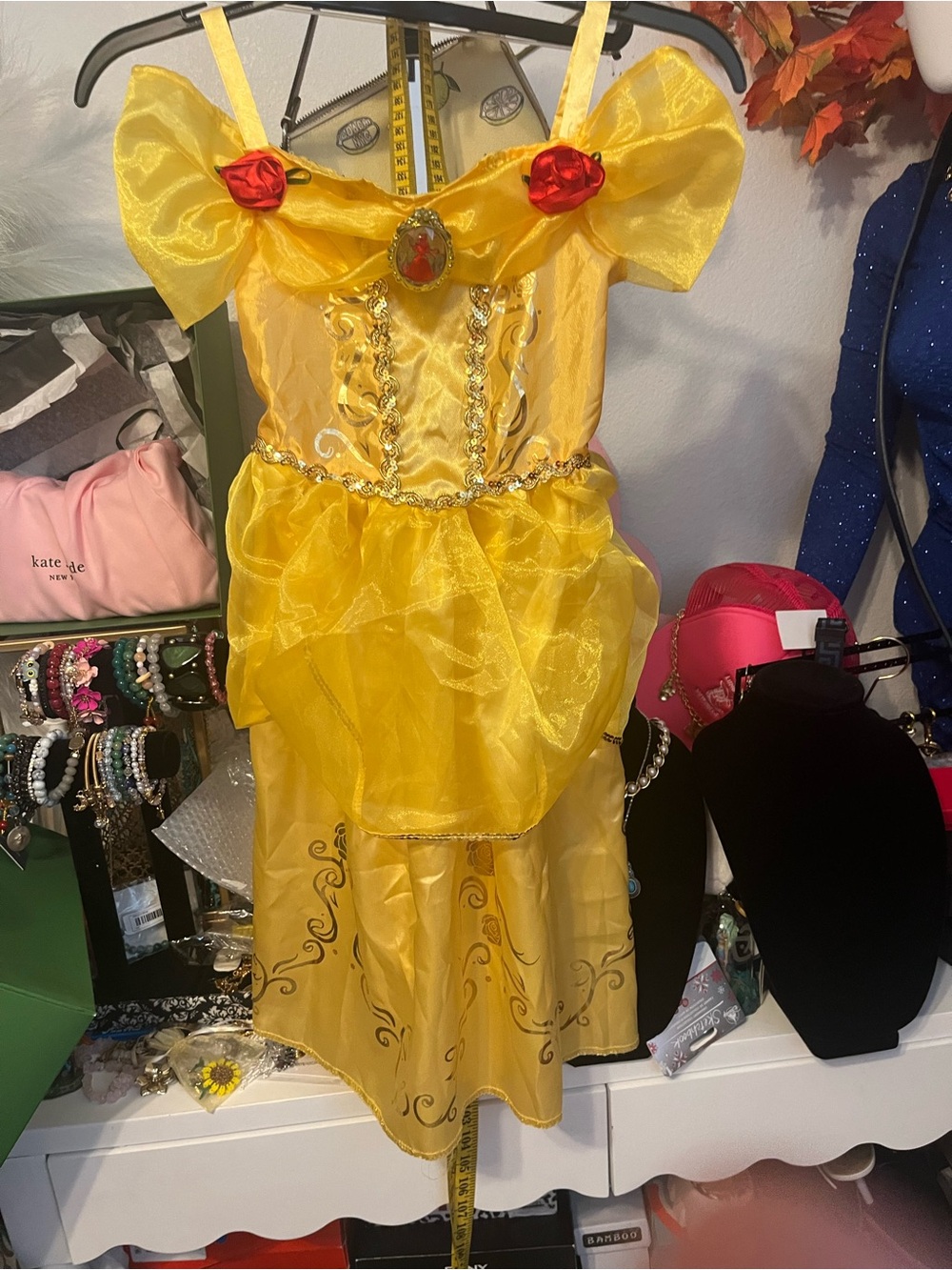 Disney Yellow Princess Belle Costume Dress with Red Rose Accents